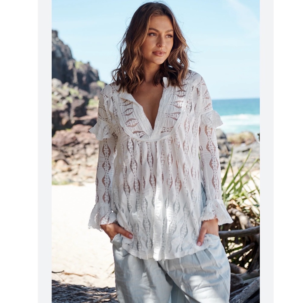 Free People Candy Shop White XS Lace Ruffle Sleeve Tunic Boho Festival‎ Top - Picture 3 of 16